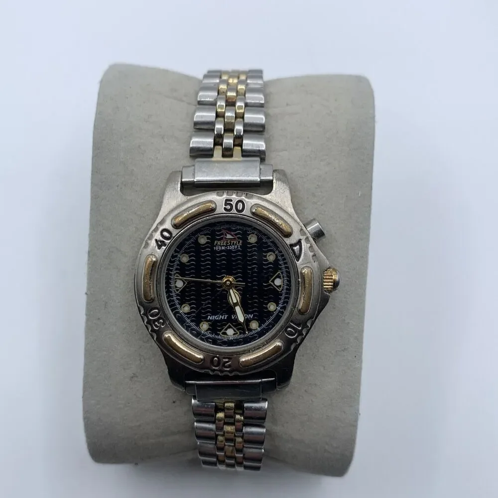 Women's Freestyle Watch Dual Tone Silver Gold Bracelet Watch Black Dial